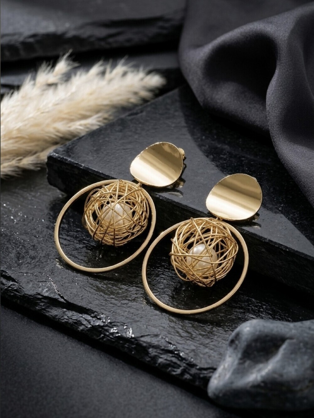 Gold Statement Earrings Wire Nest Ball Faux Pearl Geometric Circle Drop 2" - Picture 16 of 16